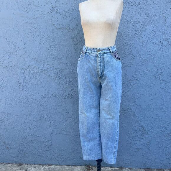 Vintage 90s Jeans 26 x 25 90s High Waisted Denim with tapestry Light Wash - Picture 3 of 10